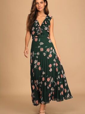 Loved By You Dark Green Floral Print Pleated Chiffon Maxi Dress
